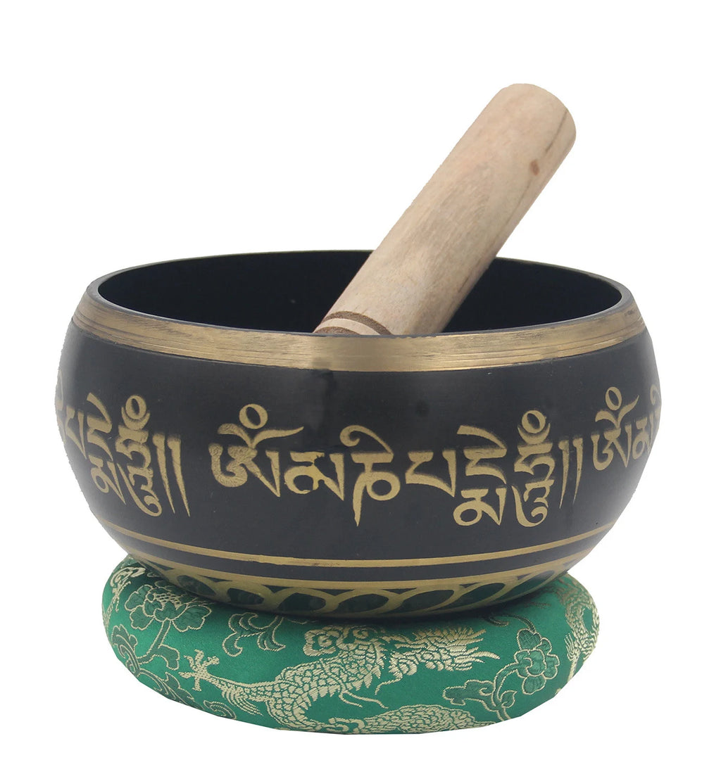 Tibetan Extra Large Om Mani Singing Bowl 5.5" – Meditation Bowl with Wooden Mallet & Brocade Cushion for Yoga, Chakra Healing & Mindfulness - DharmaObjects