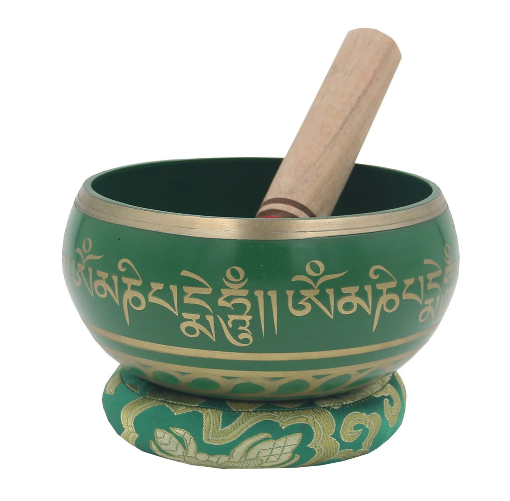 Tibetan Extra Large Om Mani Singing Bowl 5.5" – Meditation Bowl with Wooden Mallet & Brocade Cushion for Yoga, Chakra Healing & Mindfulness - DharmaObjects