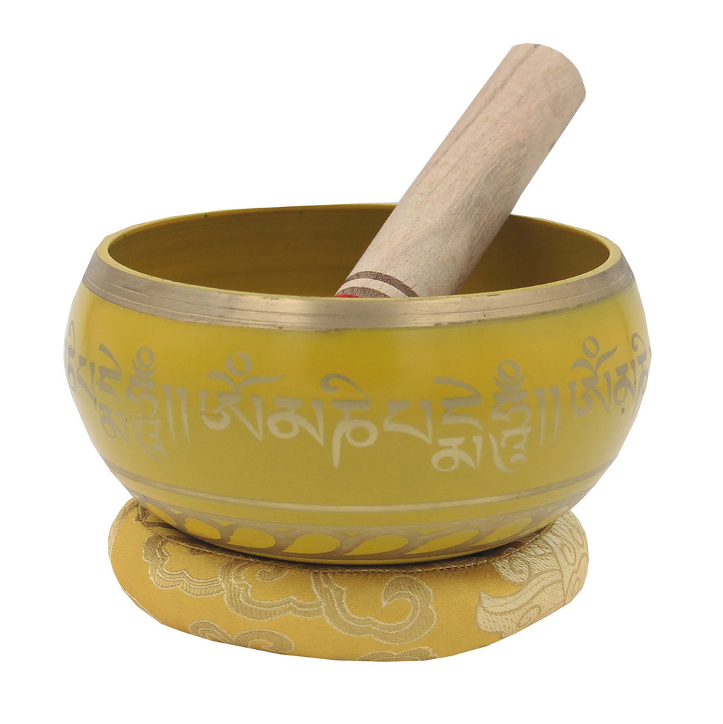 Tibetan Extra Large Om Mani Singing Bowl 5.5" – Meditation Bowl with Wooden Mallet & Brocade Cushion for Yoga, Chakra Healing & Mindfulness - DharmaObjects