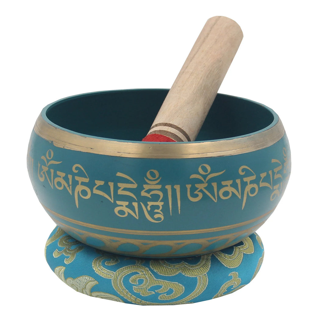 Tibetan Extra Large Om Mani Singing Bowl 5.5" – Meditation Bowl with Wooden Mallet & Brocade Cushion for Yoga, Chakra Healing & Mindfulness - DharmaObjects