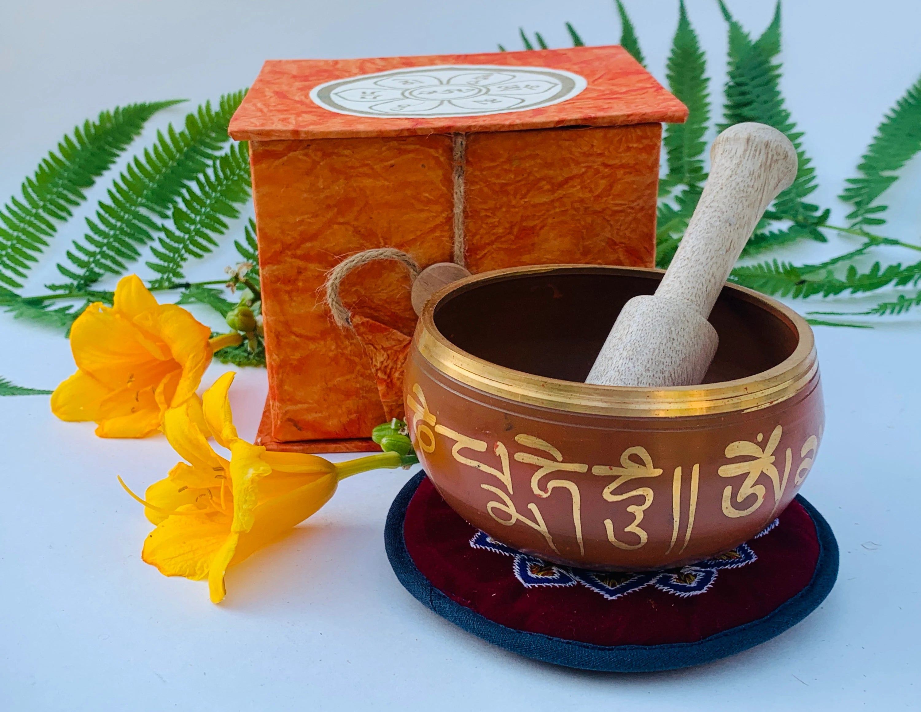 Tibetan Om Mani Singing Bowl Set – Meditation Bowl with Wooden Mallet, Mat Cushion & Handmade Gift Box for Yoga, Prayer & Chakra Healing - DharmaObjects