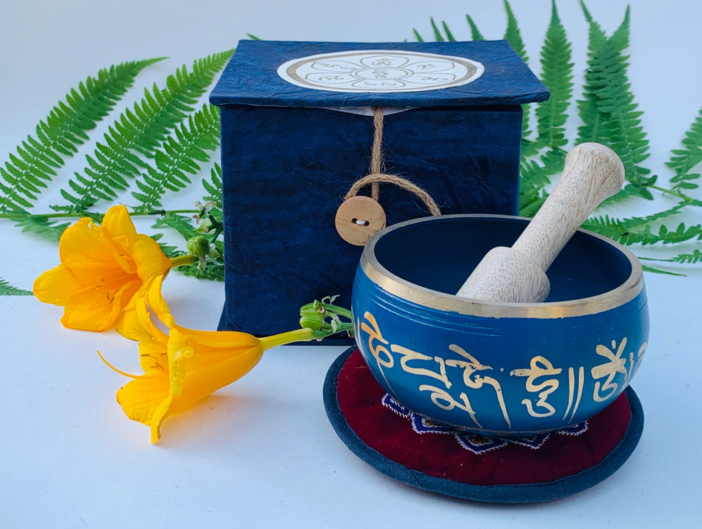 Tibetan Om Mani Singing Bowl Set – Meditation Bowl with Wooden Mallet, Mat Cushion & Handmade Gift Box for Yoga, Prayer & Chakra Healing - DharmaObjects