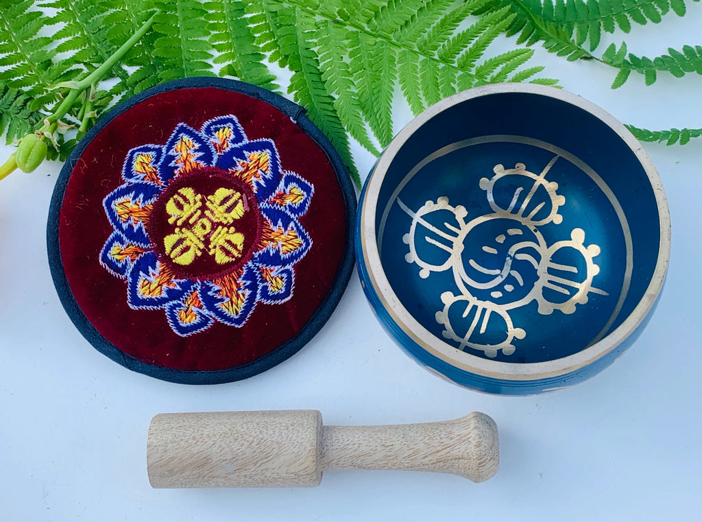 Tibetan Om Mani Singing Bowl Set – Meditation Bowl with Wooden Mallet, Mat Cushion & Handmade Gift Box for Yoga, Prayer & Chakra Healing - DharmaObjects