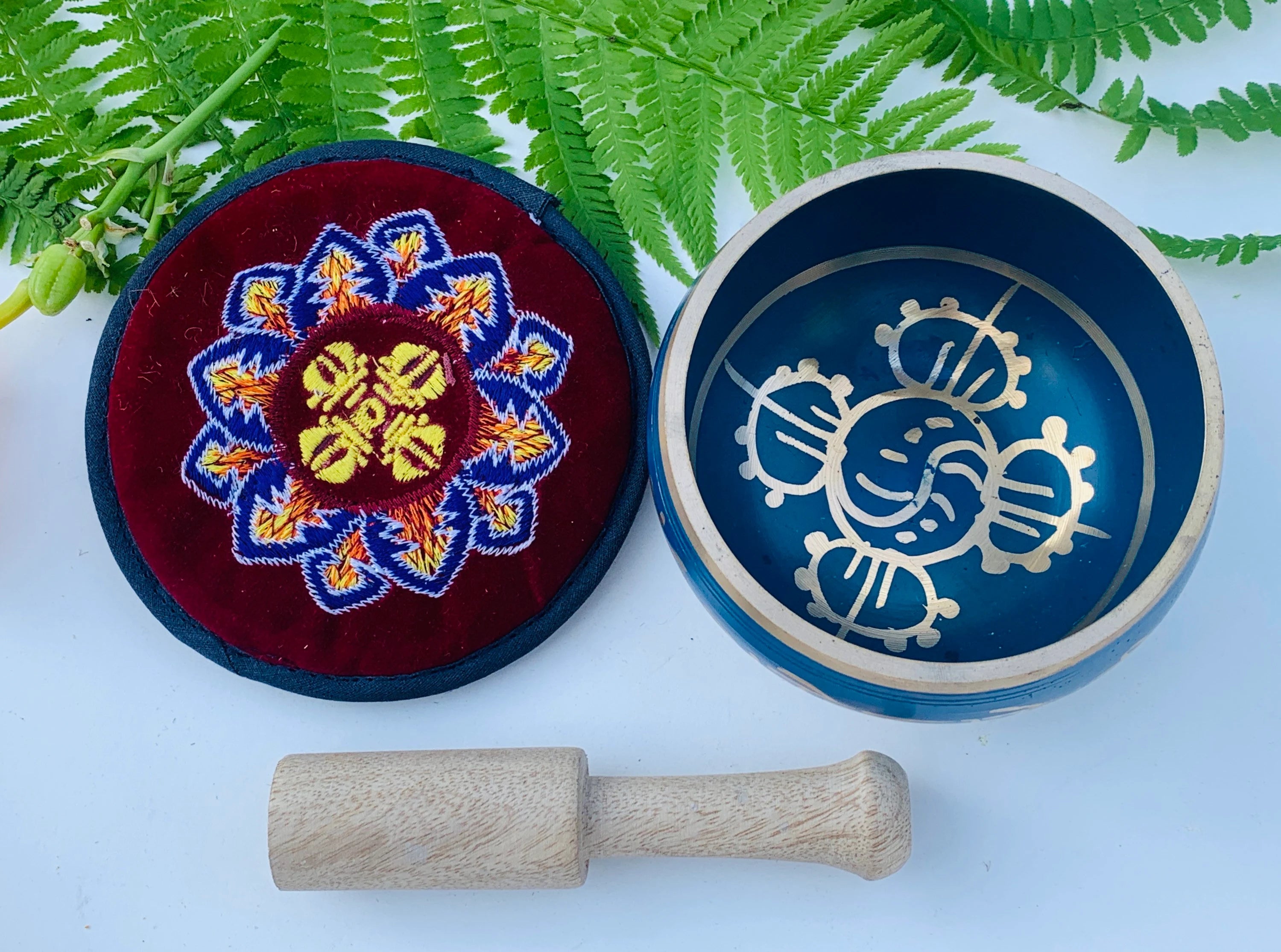 Tibetan Om Mani Singing Bowl Set – Meditation Bowl with Wooden Mallet, Mat Cushion & Handmade Gift Box for Yoga, Prayer & Chakra Healing - DharmaObjects