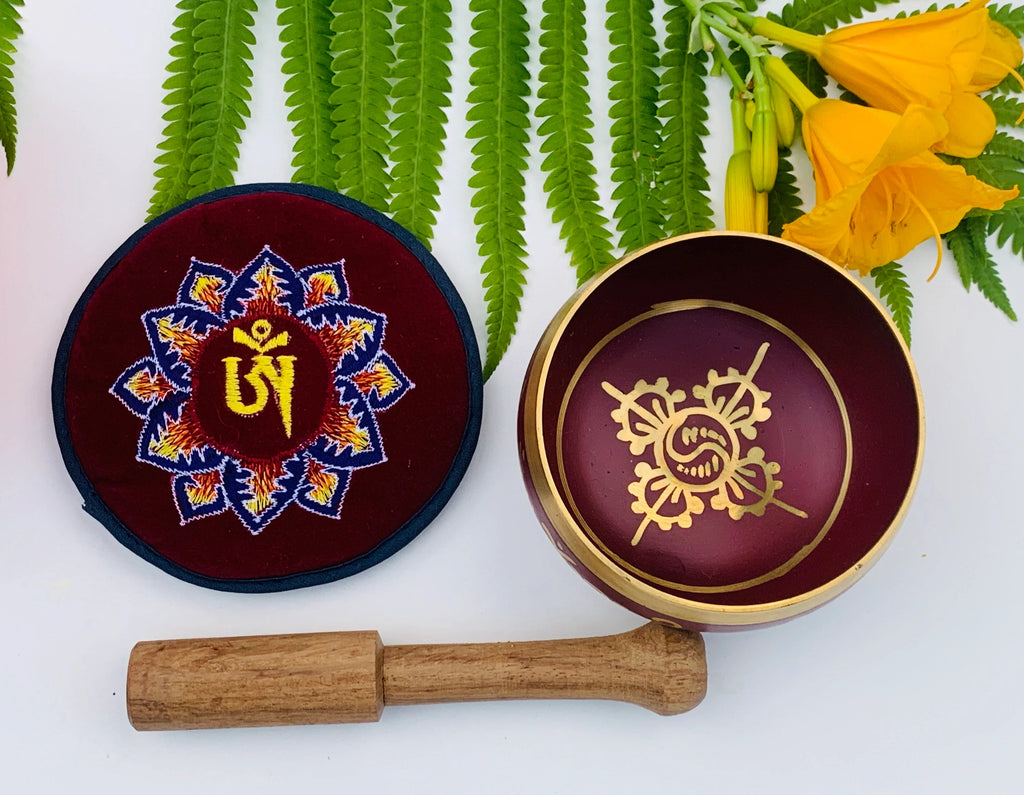 Tibetan Om Mani Singing Bowl Set – Meditation Bowl with Wooden Mallet, Mat Cushion & Handmade Gift Box for Yoga, Prayer & Chakra Healing - DharmaObjects