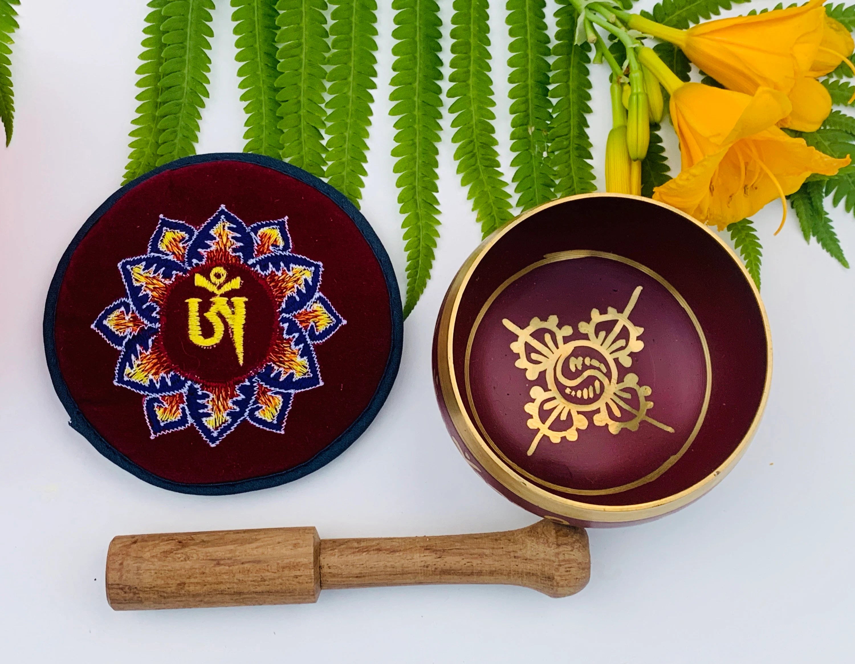 Tibetan Om Mani Singing Bowl Set – Meditation Bowl with Wooden Mallet, Mat Cushion & Handmade Gift Box for Yoga, Prayer & Chakra Healing - DharmaObjects