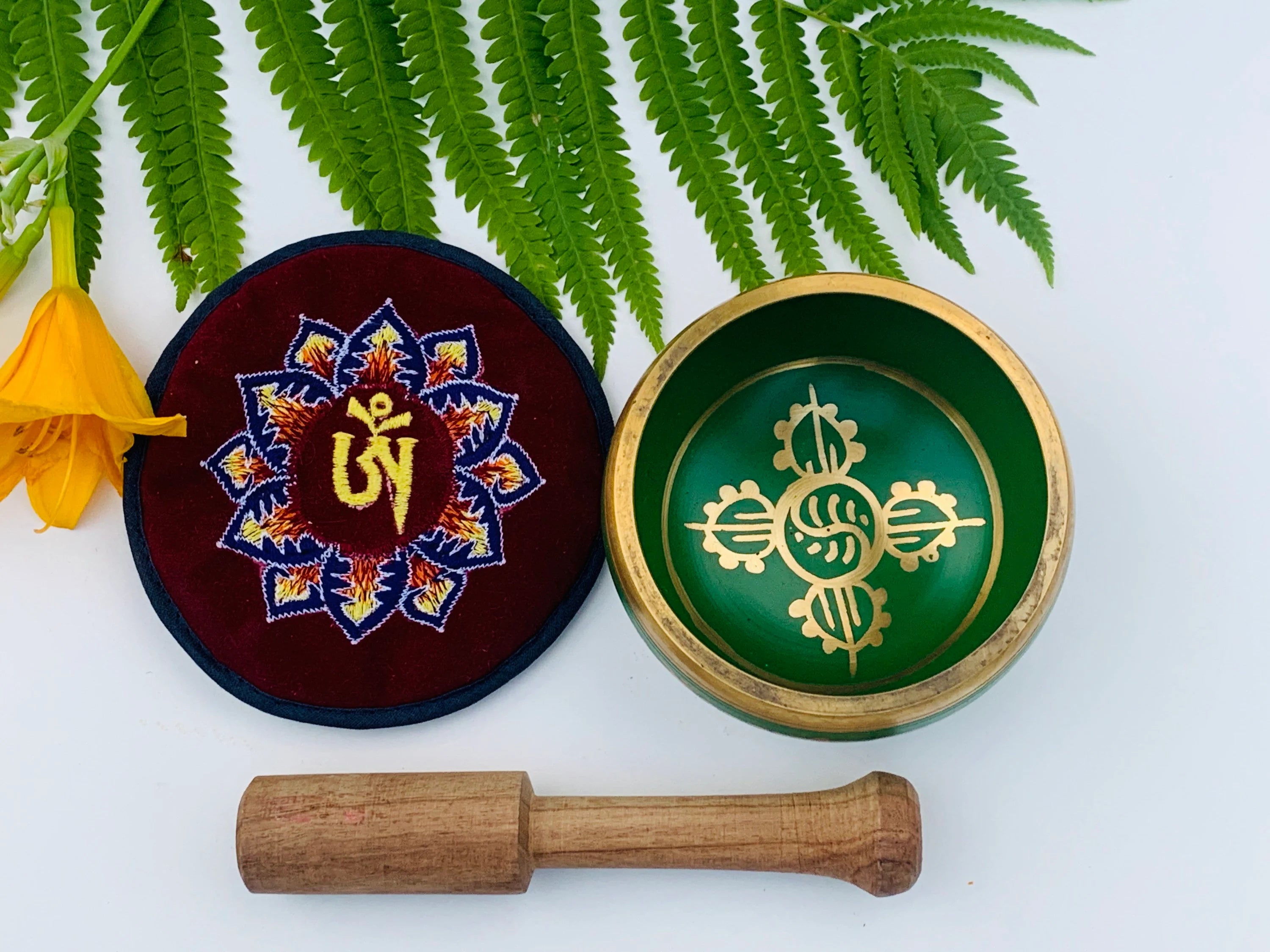 Tibetan Om Mani Singing Bowl Set – Meditation Bowl with Wooden Mallet, Mat Cushion & Handmade Gift Box for Yoga, Prayer & Chakra Healing - DharmaObjects
