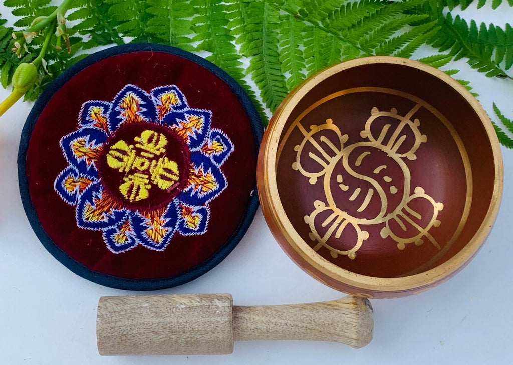 Tibetan Om Mani Singing Bowl Set – Meditation Bowl with Wooden Mallet, Mat Cushion & Handmade Gift Box for Yoga, Prayer & Chakra Healing - DharmaObjects