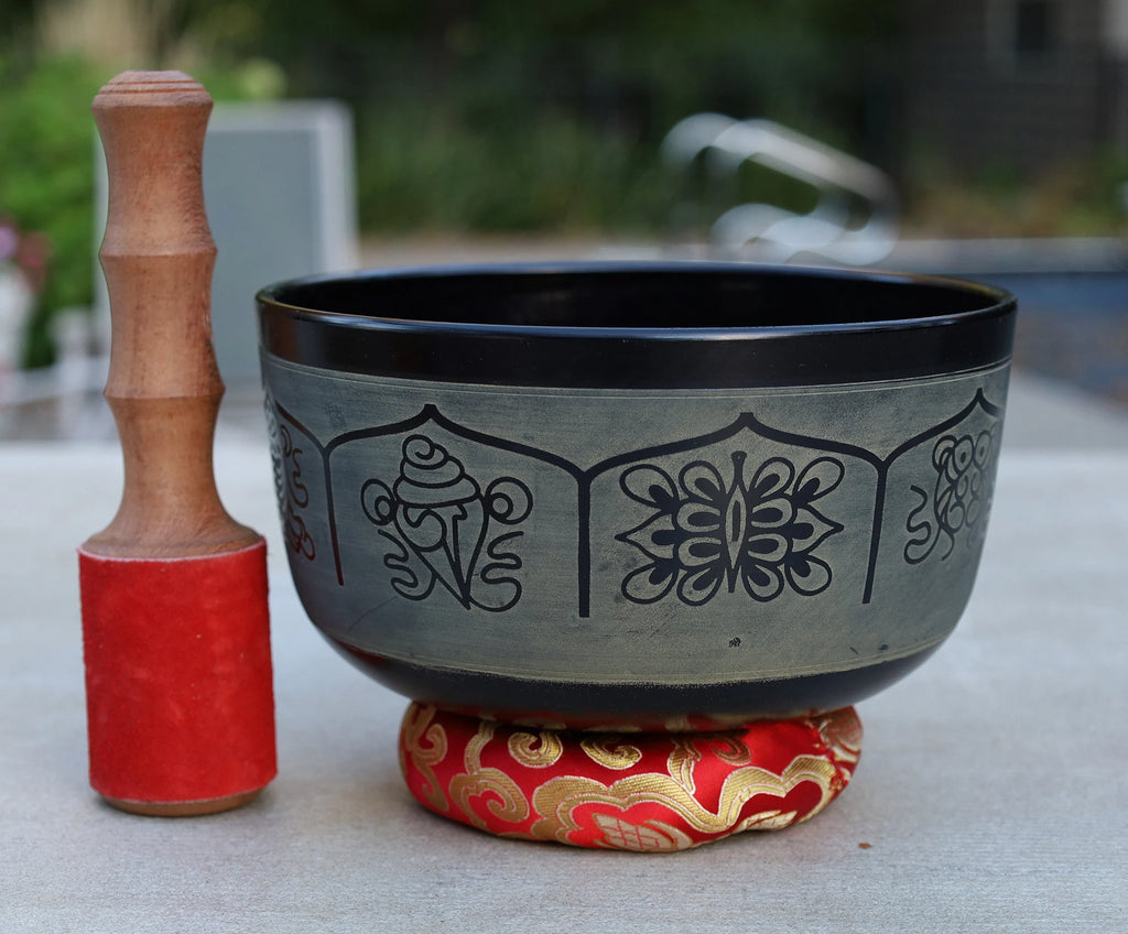 FAST SHIPPING!!! Tibetan Singing Bowl Set  Eight Lucky Symbol With Mallet and Cushion ~ For Meditation, Chakra Healing, Prayer, Yoga - DharmaObjects