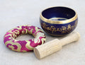 Dark Purple Tibetan Singing Bowl Set with Om Mani Padme Hum | 3.25 Inch Meditation Bowl with Rosewood Mallet & Cushion - DharmaObjects