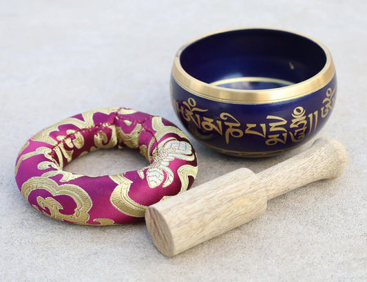 Tibetan Singing Bowl Complete Set Om Mani Padme Hum With Mallet and Brocade Cushion ~ For Meditation, Chakra Healing, Prayer, Yoga