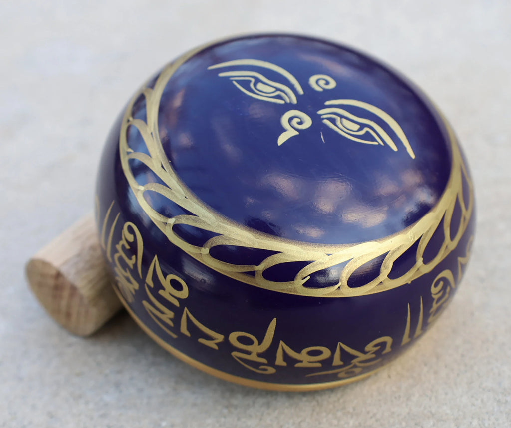 Dark Purple Tibetan Singing Bowl Set with Om Mani Padme Hum | 3.25 Inch Meditation Bowl with Rosewood Mallet & Cushion - DharmaObjects