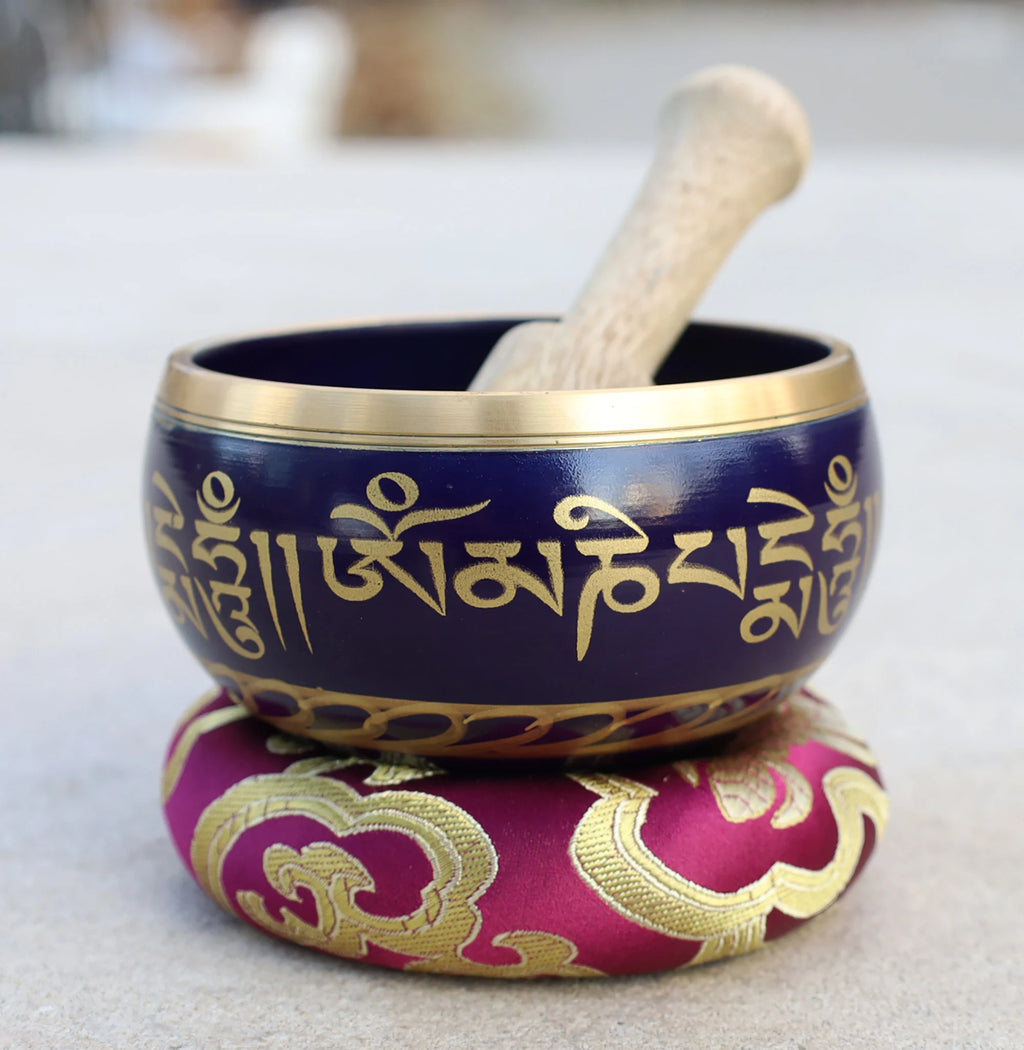 Dark Purple Tibetan Singing Bowl Set with Om Mani Padme Hum | 3.25 Inch Meditation Bowl with Rosewood Mallet & Cushion - DharmaObjects