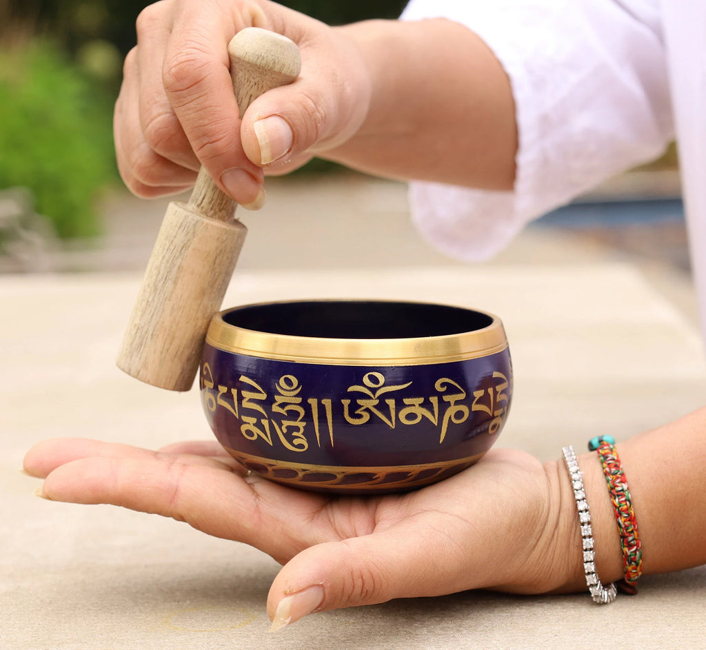 Dark Purple Tibetan Singing Bowl Set with Om Mani Padme Hum | 3.25 Inch Meditation Bowl with Rosewood Mallet & Cushion - DharmaObjects
