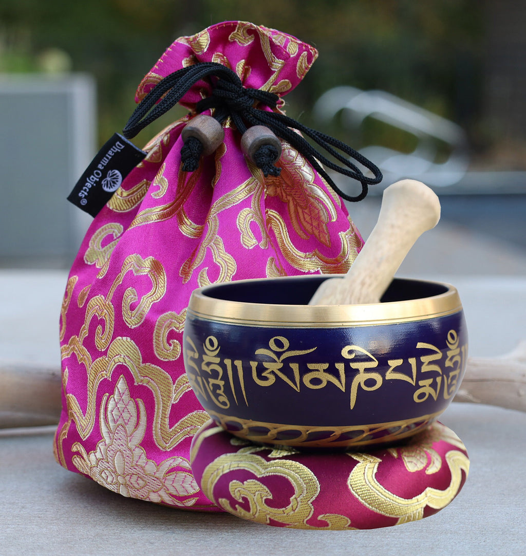 Tibetan Singing Bowl Complete Meditation Set with Carry Bag | Om Mani Mantra | 4 Inch Handcrafted Sound Healing Bowl - DharmaObjects