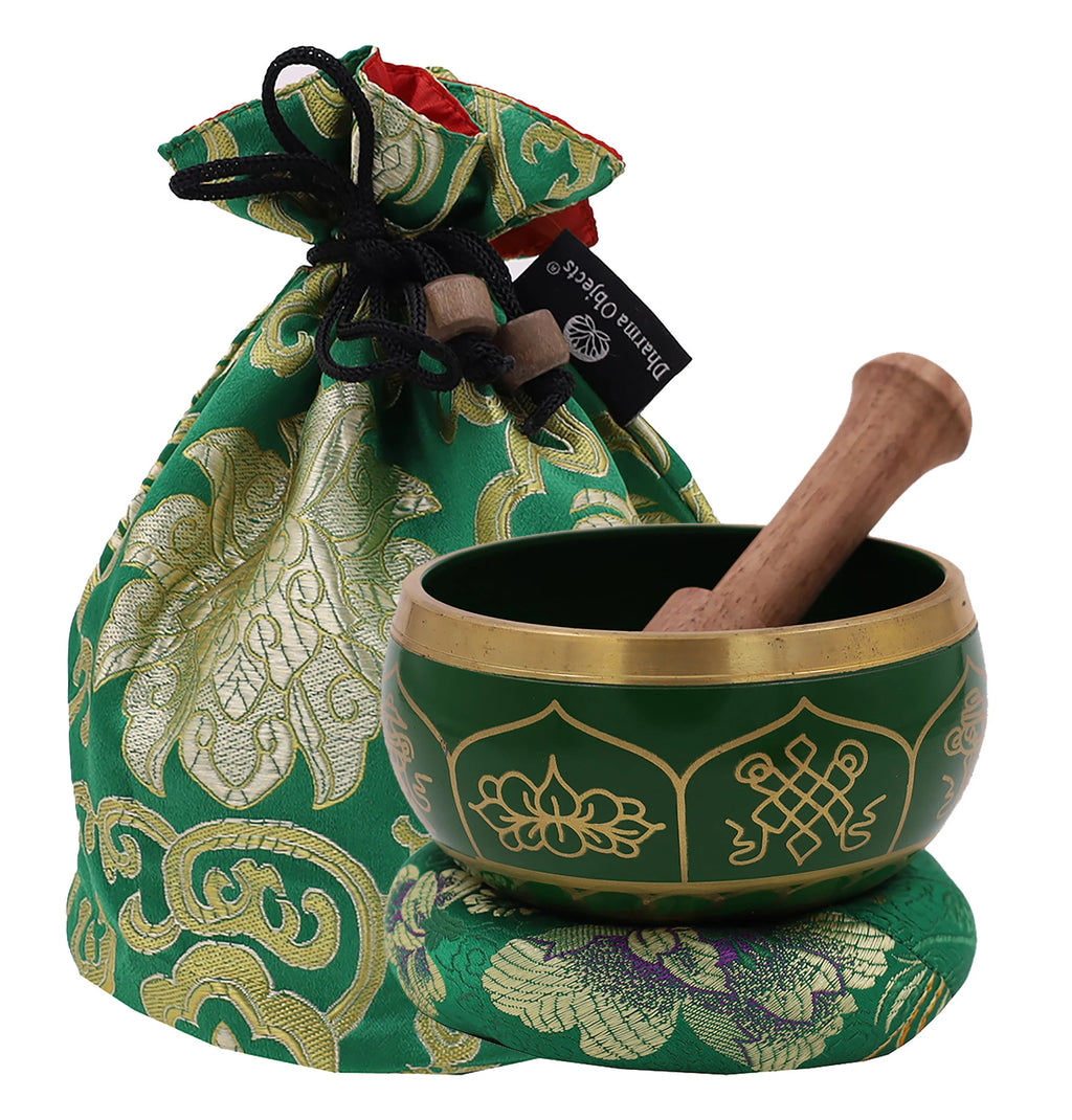 Tibetan Singing Bowl Set with 8 Auspicious Symbols | 4 Inch Meditation Bowl with Mallet, Cushion & Carry Bag - DharmaObjects