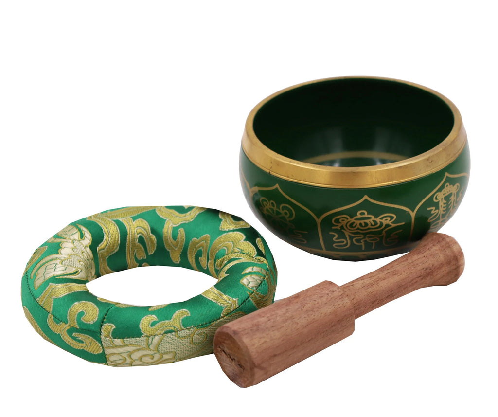 Tibetan Singing Bowl Set with 8 Auspicious Symbols | 4 Inch Meditation Bowl with Mallet, Cushion & Carry Bag - DharmaObjects