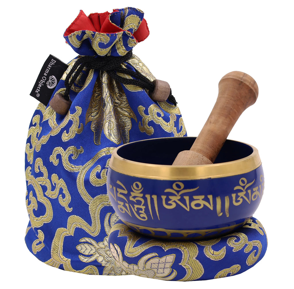 Tibetan Om Mani Singing Bowl Set – Meditation Bowl with Rosewood Mallet, Brocade Cushion & Carry Bag for Yoga, Prayer & Chakra Healing - DharmaObjects