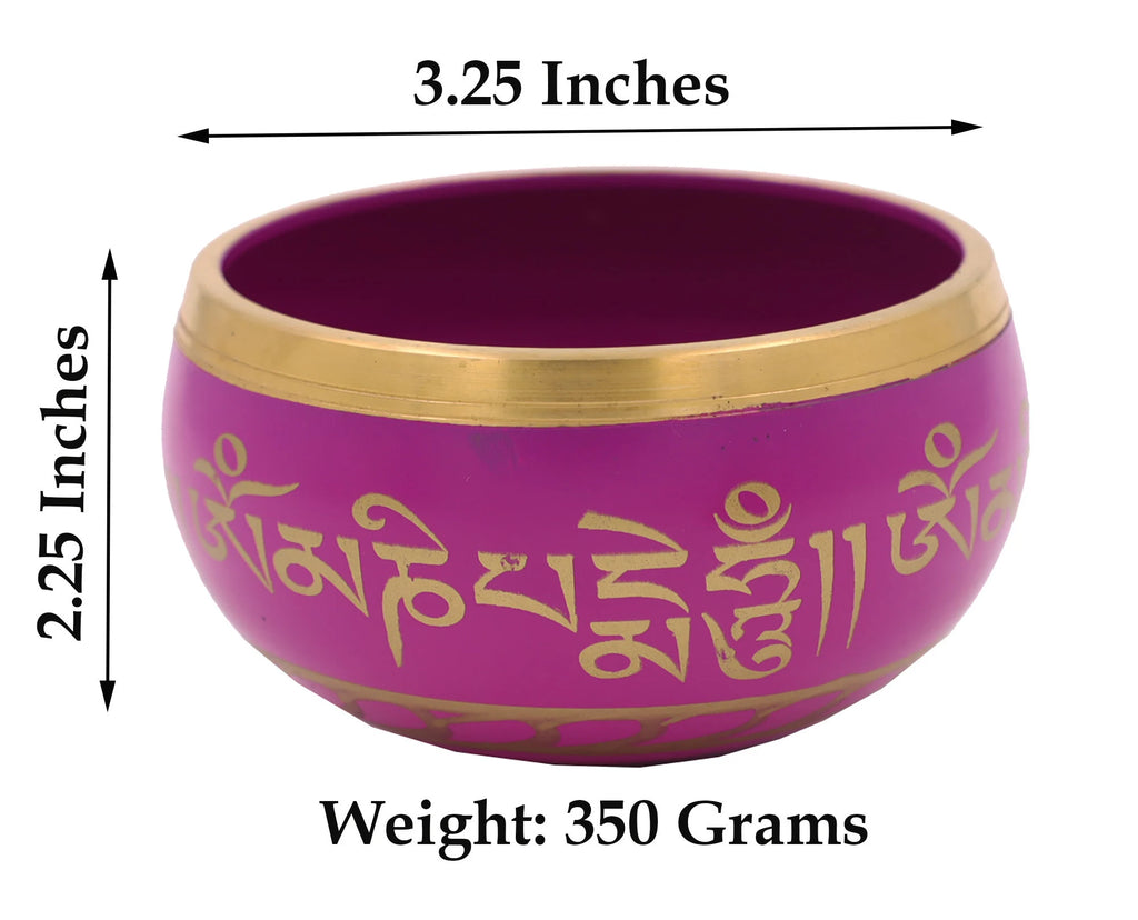 Dark Purple Tibetan Singing Bowl Set with Om Mani Padme Hum | 3.25 Inch Meditation Bowl with Rosewood Mallet & Cushion - DharmaObjects