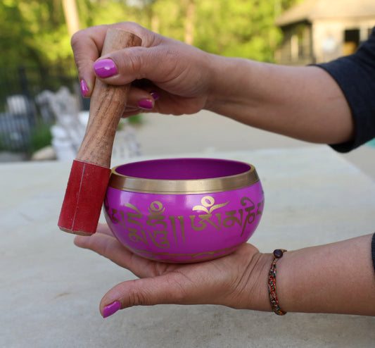 Tibetan Large Singing Bowl Om Mani ~ With Mallet And Brocade Cushion ~ For Mindfulness Meditation, Chakra Healing,Yoga