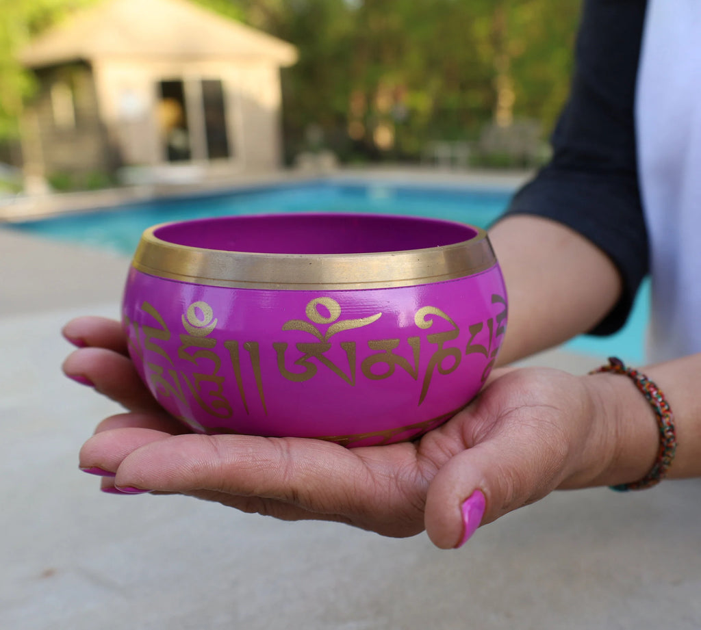 Tibetan Singing Bowl with Om Mani Mantra | Large 5 Inch Meditation Bowl Set with Mallet & Brocade Cushion - DharmaObjects