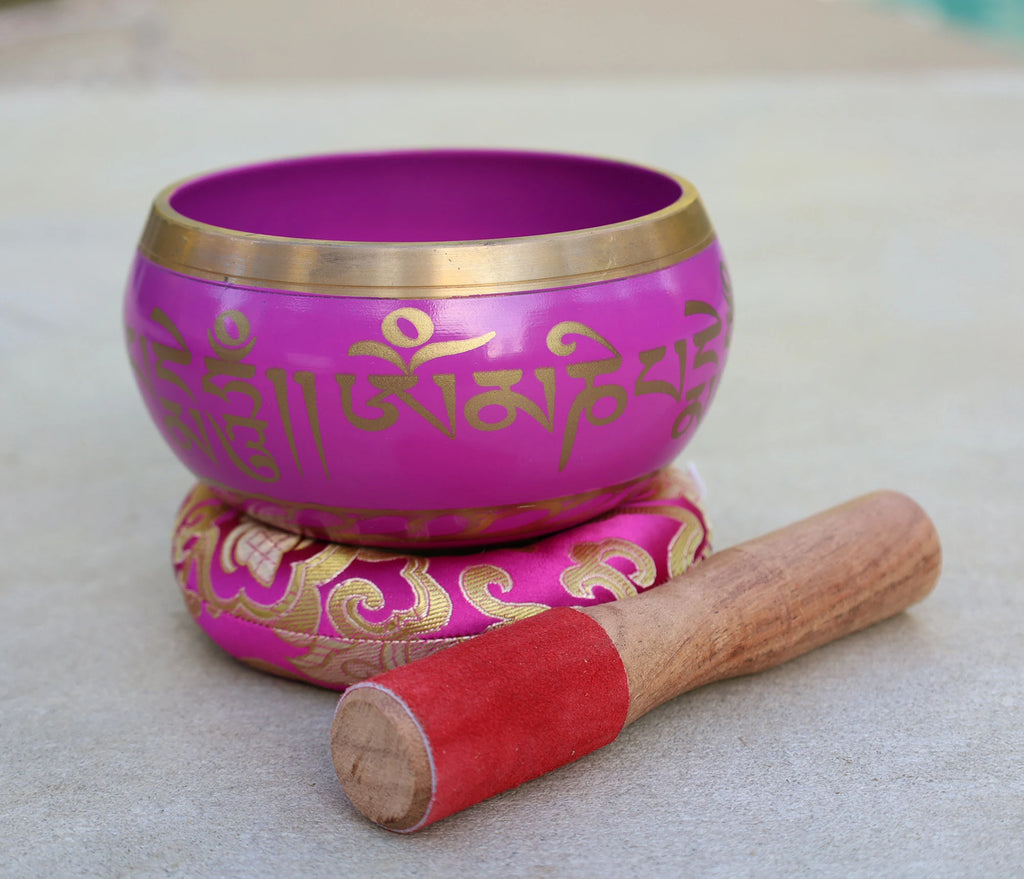 Tibetan Singing Bowl with Om Mani Mantra | Large 5 Inch Meditation Bowl Set with Mallet & Brocade Cushion - DharmaObjects