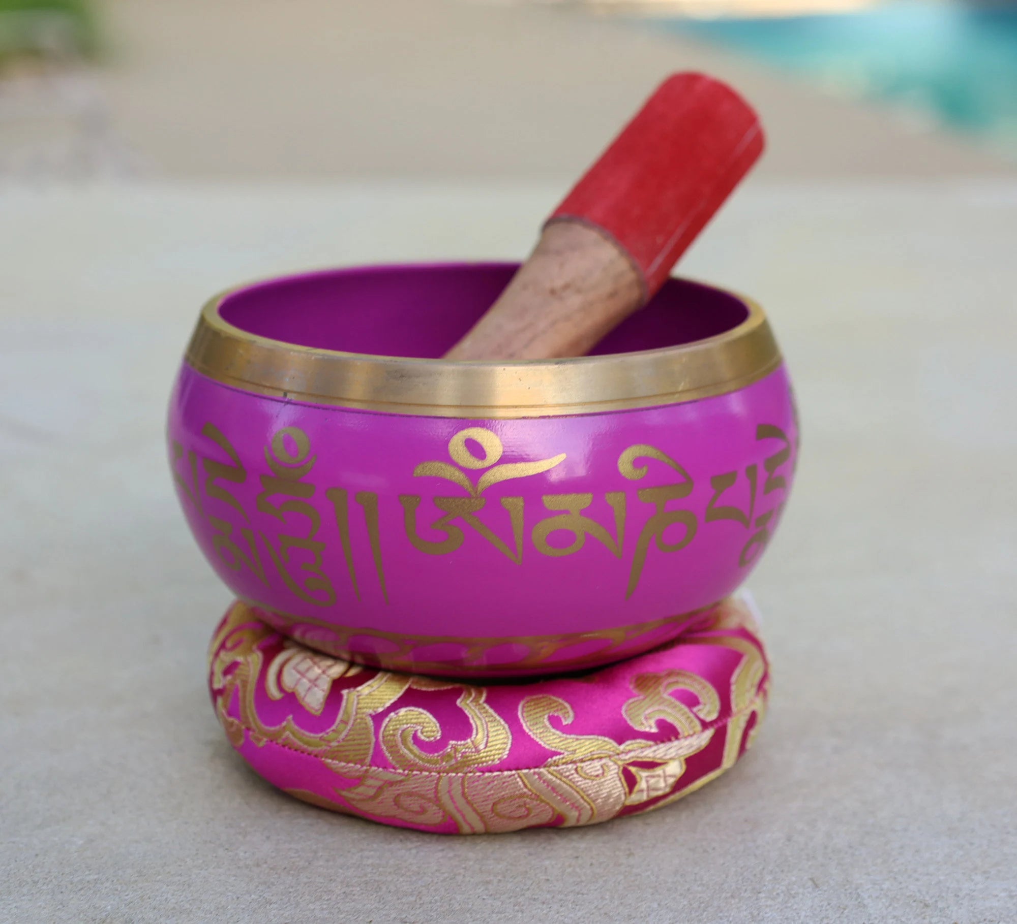 Tibetan Singing Bowl with Om Mani Mantra | Large 5 Inch Meditation Bowl Set with Mallet & Brocade Cushion - DharmaObjects