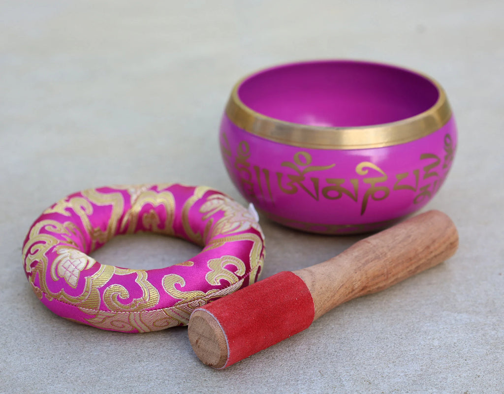 Tibetan Singing Bowl with Om Mani Mantra | Large 5 Inch Meditation Bowl Set with Mallet & Brocade Cushion - DharmaObjects