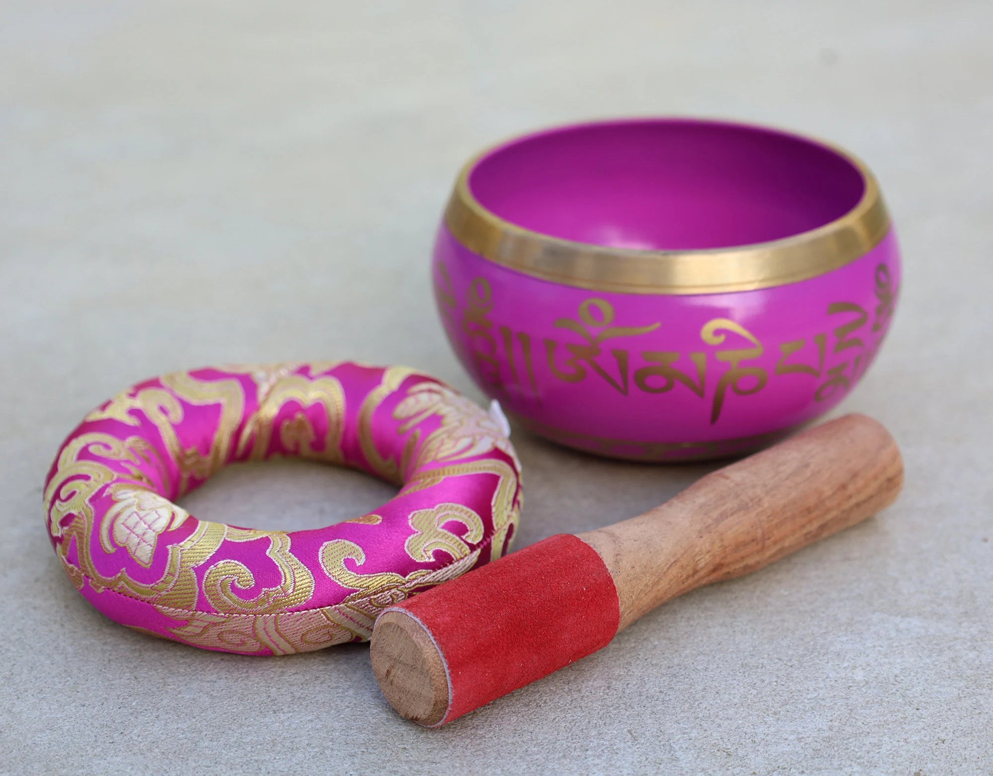 Tibetan Singing Bowl with Om Mani Mantra | Large 5 Inch Meditation Bowl Set with Mallet & Brocade Cushion - DharmaObjects