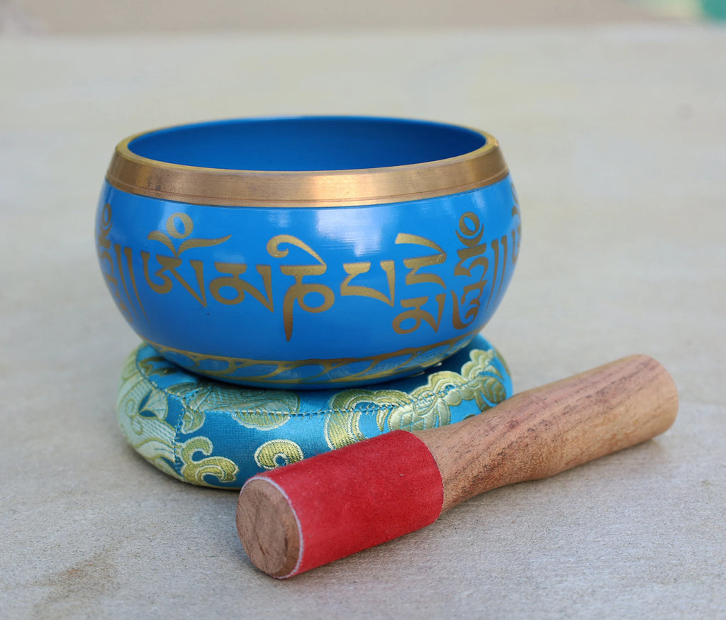 Large Tibetan Singing Bowl with Om Mani Mantra | 5 Inch Meditation Bowl with Mallet & Brocade Cushion - DharmaObjects