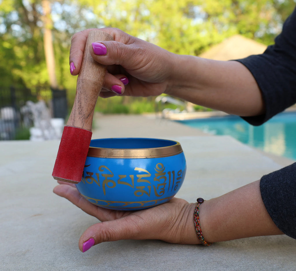 Large Tibetan Singing Bowl with Om Mani Mantra | 5 Inch Meditation Bowl with Mallet & Brocade Cushion - DharmaObjects