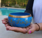 Large Tibetan Singing Bowl with Om Mani Mantra | 5 Inch Meditation Bowl with Mallet & Brocade Cushion - DharmaObjects