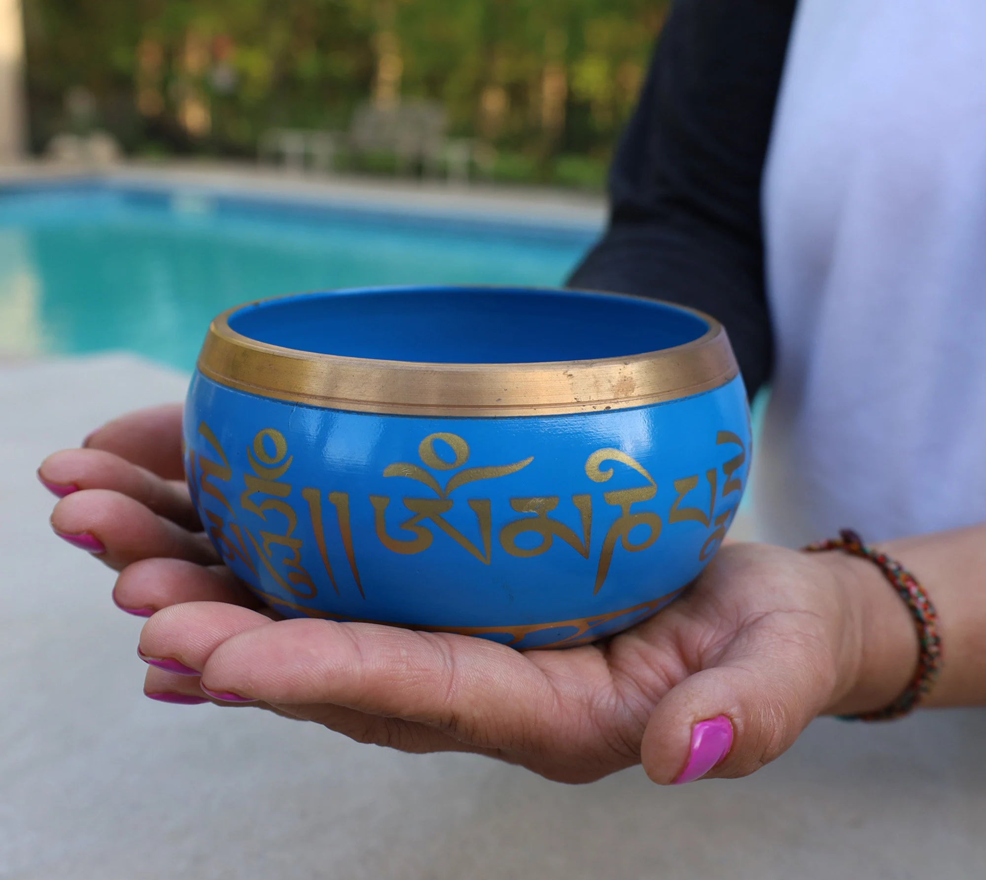 Large Tibetan Singing Bowl with Om Mani Mantra | 5 Inch Meditation Bowl with Mallet & Brocade Cushion - DharmaObjects