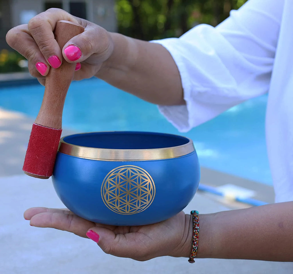 Extra Large Tibetan Flower of Life Singing Bowl Set | 6 Inch Meditation Bowl with Suede Mallet, Cushion & Prayer Flags - DharmaObjects