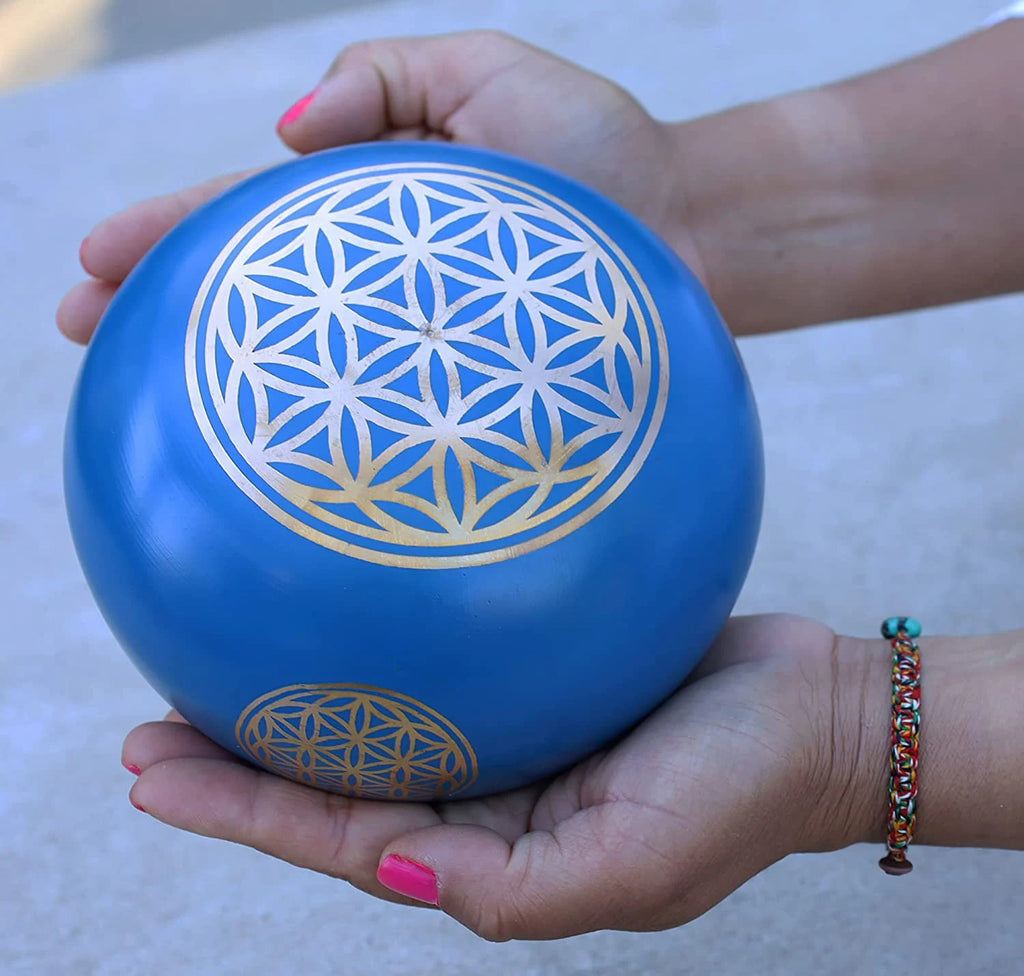 Extra Large Tibetan Flower of Life Singing Bowl Set | 6 Inch Meditation Bowl with Suede Mallet, Cushion & Prayer Flags - DharmaObjects