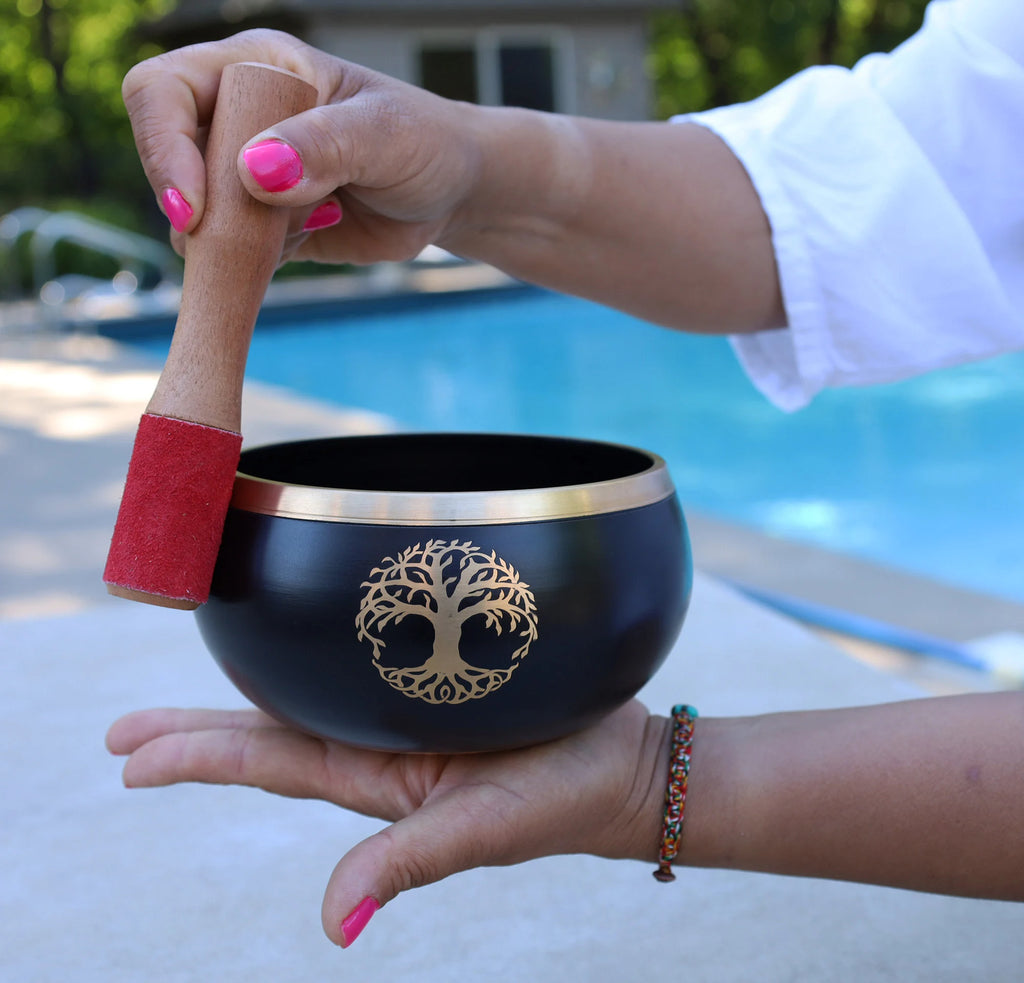 Extra Large Tibetan Tree of Life Singing Bowl Set | 6 Inch Meditation Bowl with Suede Mallet, Donut Cushion & Prayer Flags - DharmaObjects