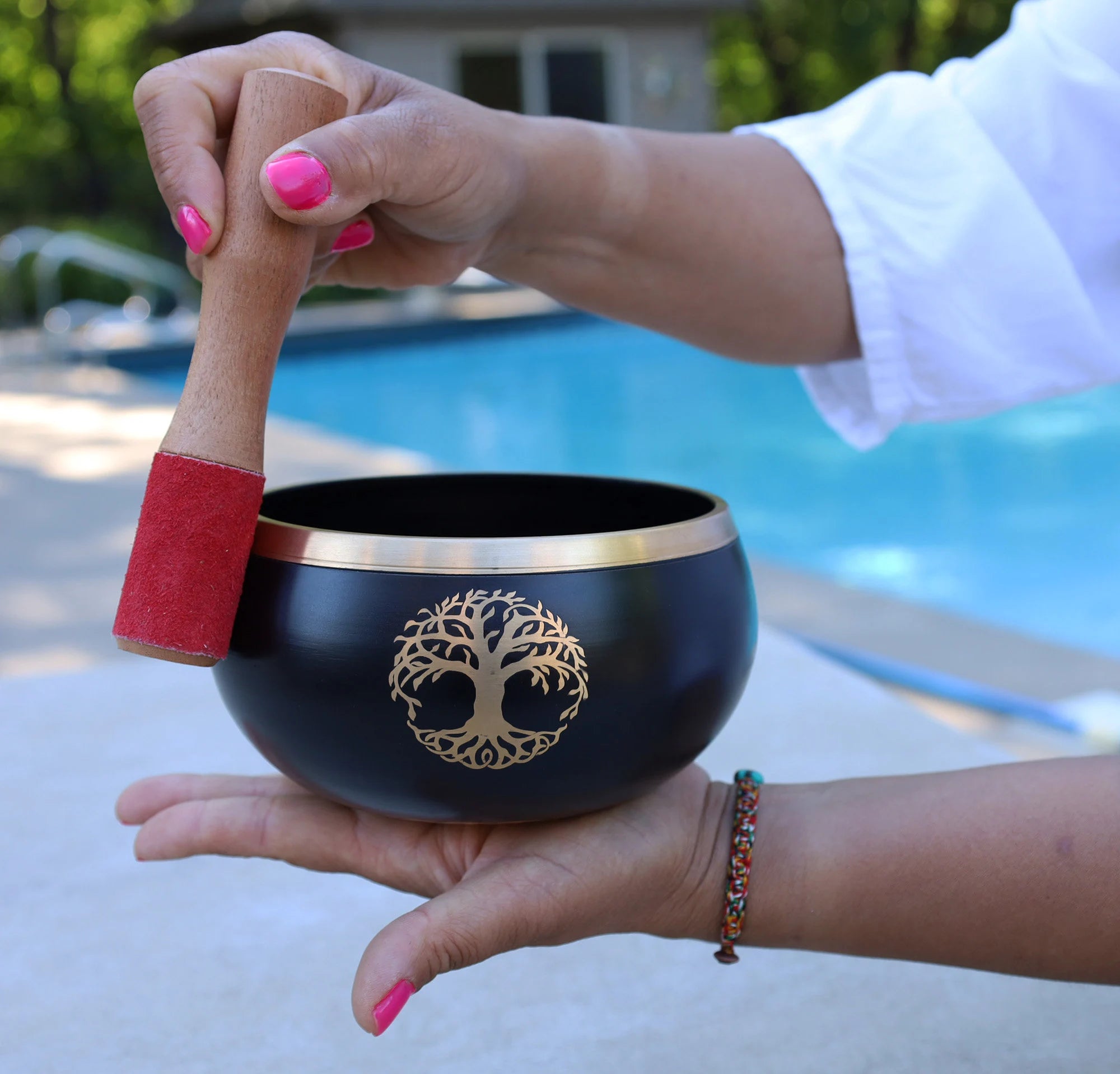 Extra Large Tibetan Tree of Life Singing Bowl Set | 6 Inch Meditation Bowl with Suede Mallet, Donut Cushion & Prayer Flags - DharmaObjects