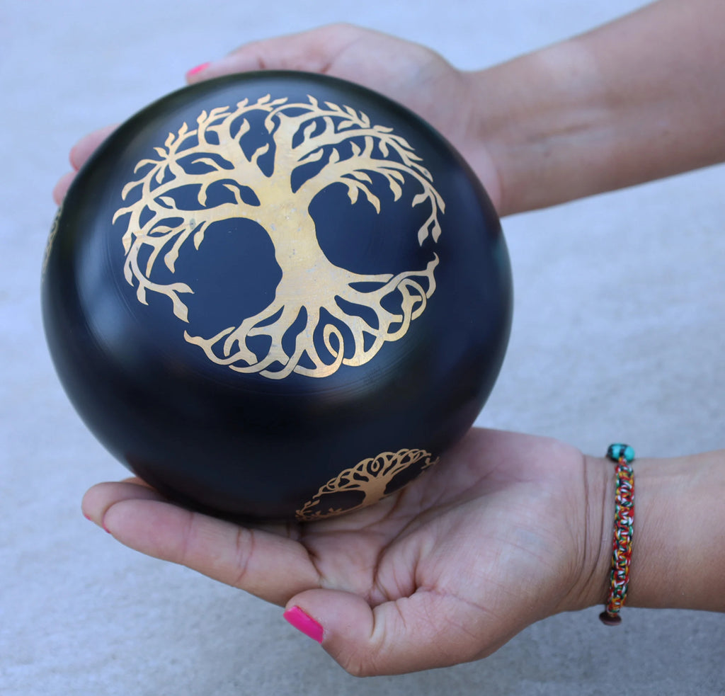 Extra Large Tibetan Tree of Life Singing Bowl Set | 6 Inch Meditation Bowl with Suede Mallet, Donut Cushion & Prayer Flags - DharmaObjects