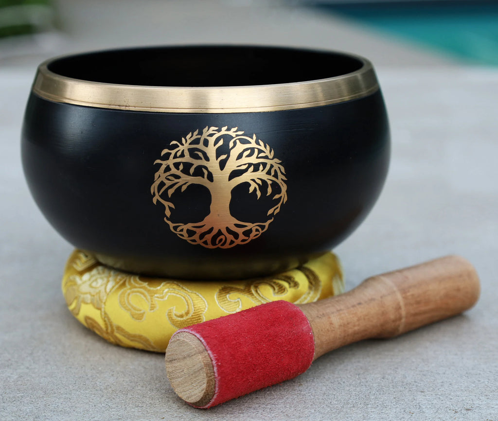 Extra Large Tibetan Tree of Life Singing Bowl Set | 6 Inch Meditation Bowl with Suede Mallet, Donut Cushion & Prayer Flags - DharmaObjects