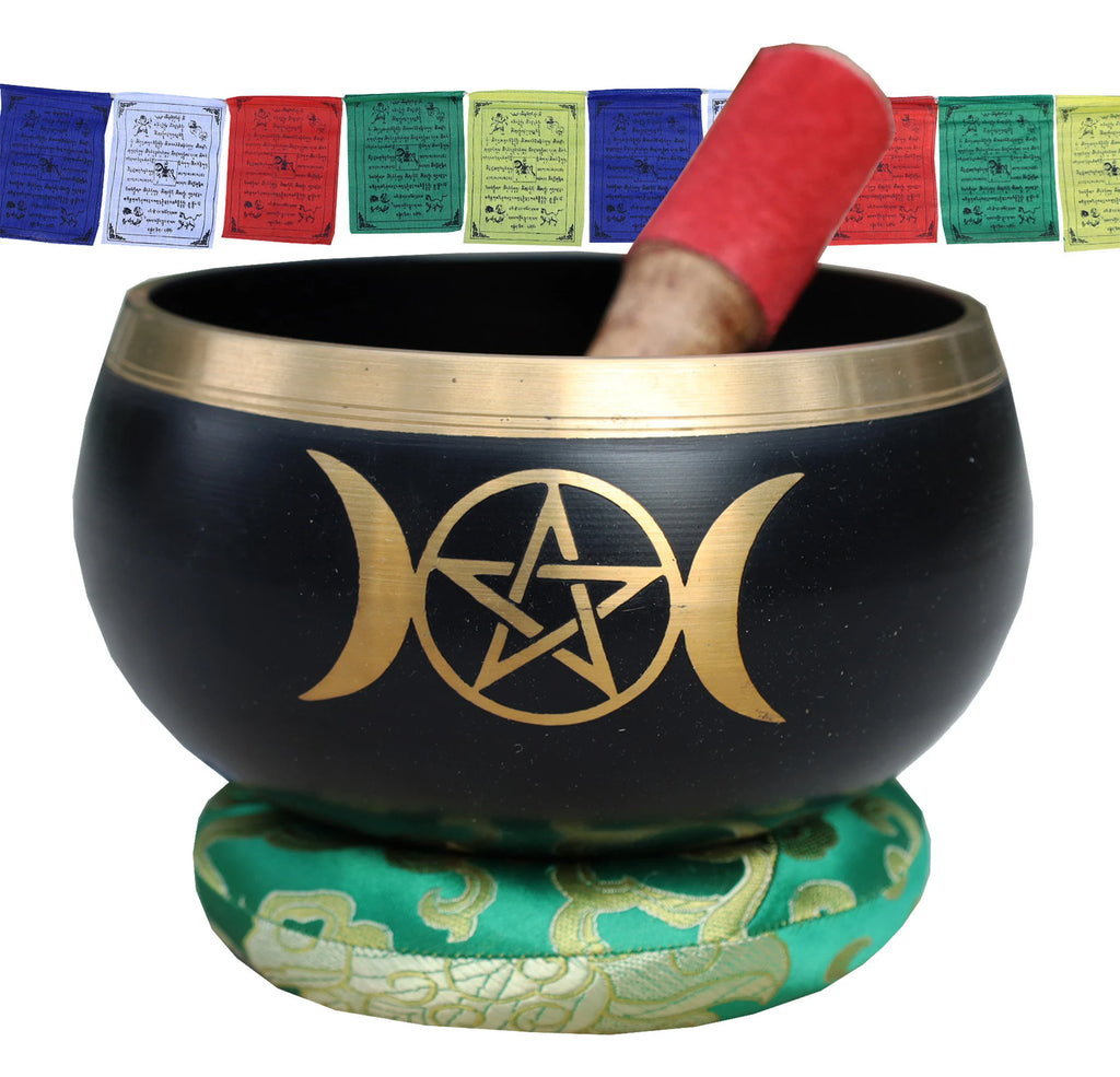 Extra Large Tibetan Triple Moon Singing Bowl Set | 6 Inch Meditation Bowl with Suede Mallet, Cushion & Prayer Flags - DharmaObjects
