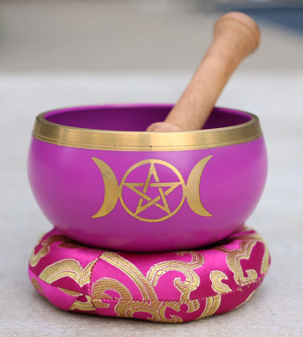 Tibetan Triple Moon Singing Bowl Complete Set – 4" Meditation Bowl with Wooden Mallet & Ring Cushion for Yoga, Healing & Mindfulness - DharmaObjects