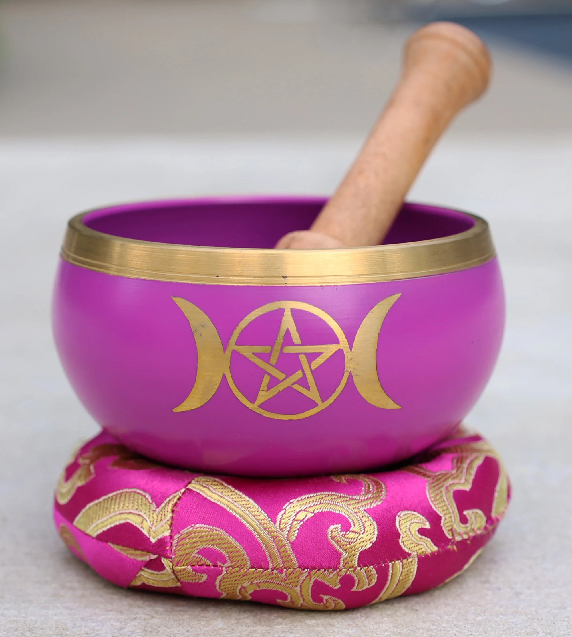 Tibetan Triple Moon Singing Bowl Complete Set – 4" Meditation Bowl with Wooden Mallet & Ring Cushion for Yoga, Healing & Mindfulness - DharmaObjects