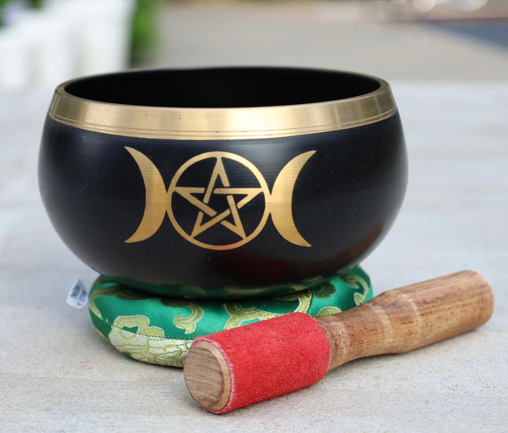 Extra Large Tibetan Triple Moon Singing Bowl Set | 6 Inch Meditation Bowl with Suede Mallet, Cushion & Prayer Flags - DharmaObjects