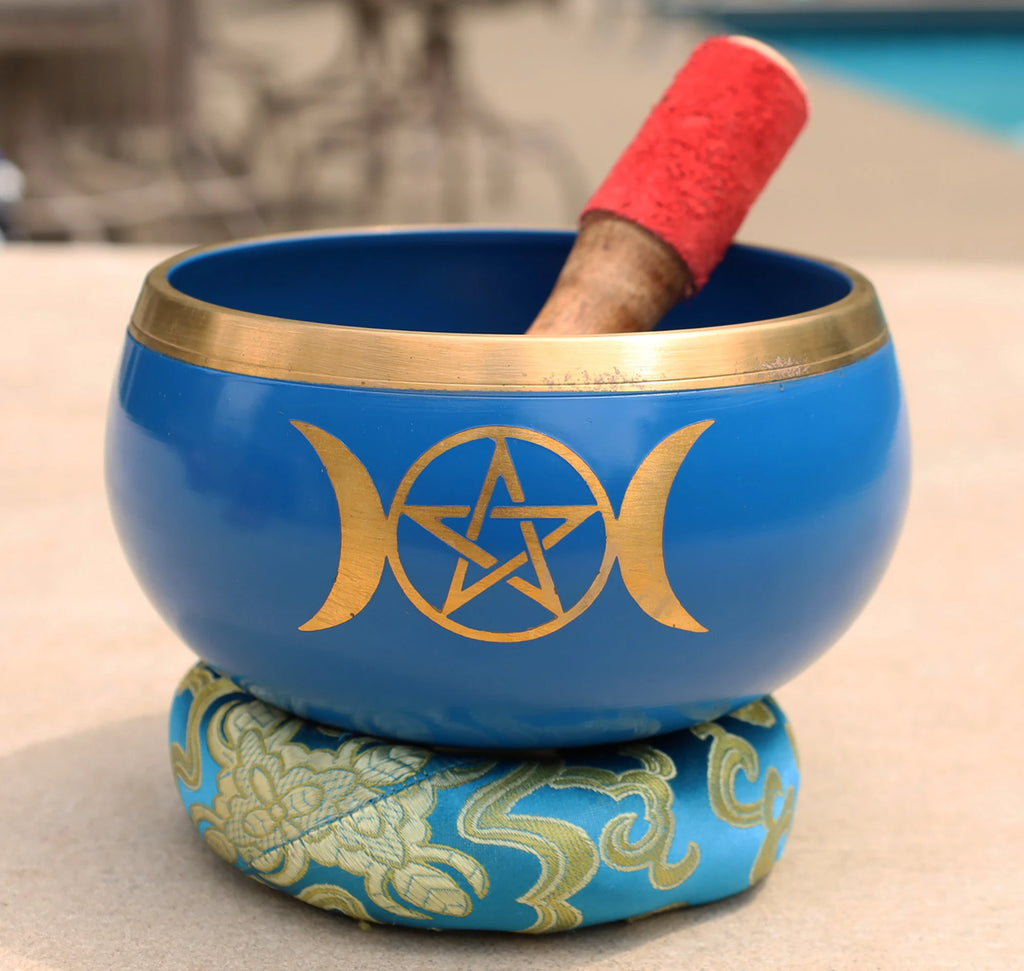 Extra Large Tibetan Triple Moon Singing Bowl Set | 6 Inch Meditation Bowl with Suede Mallet, Cushion & Prayer Flags - DharmaObjects
