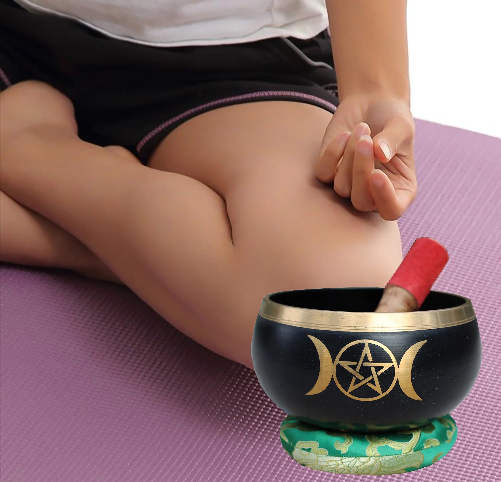 Extra Large Tibetan Triple Moon Singing Bowl Set | 6 Inch Meditation Bowl with Suede Mallet, Cushion & Prayer Flags - DharmaObjects