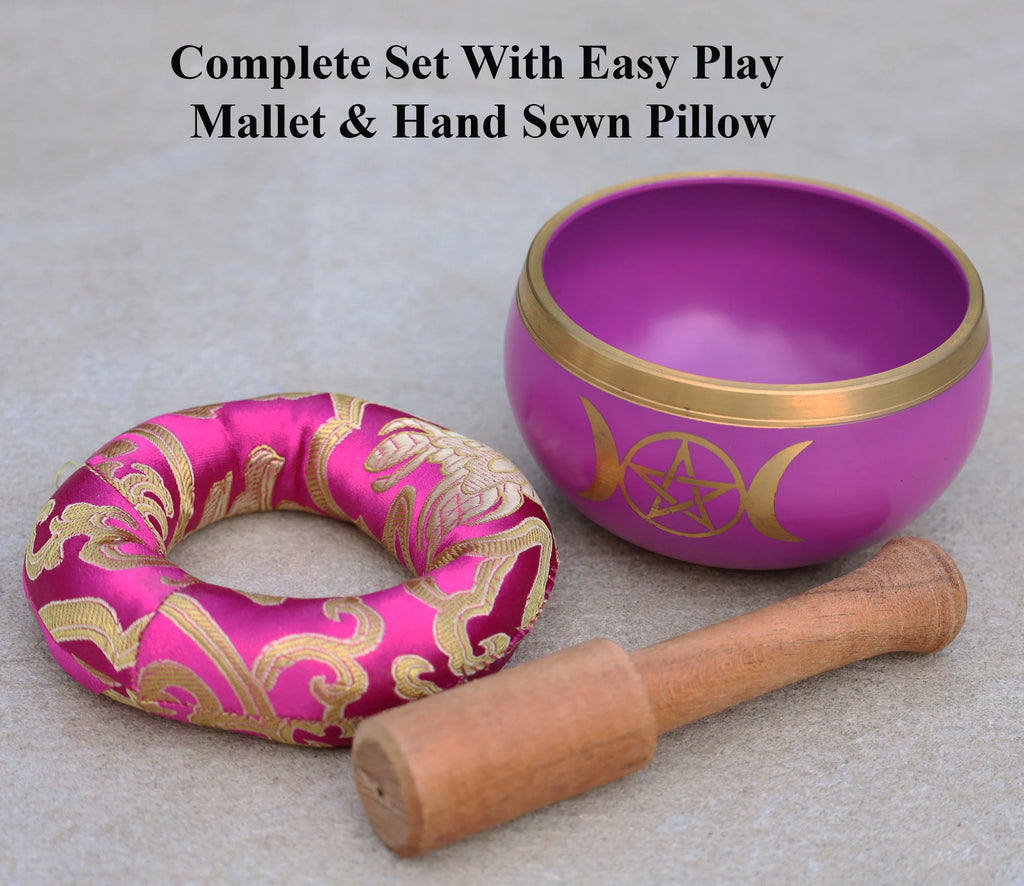 Tibetan Triple Moon Singing Bowl Complete Set – 4" Meditation Bowl with Wooden Mallet & Ring Cushion for Yoga, Healing & Mindfulness - DharmaObjects