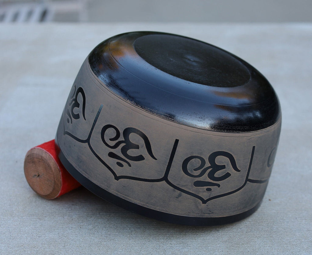 Large Tibetan Singing Bowl Set with Om Mantra for Peace | 7" & 8" Meditation Bowl with Suede Mallet & Cushion - DharmaObjects