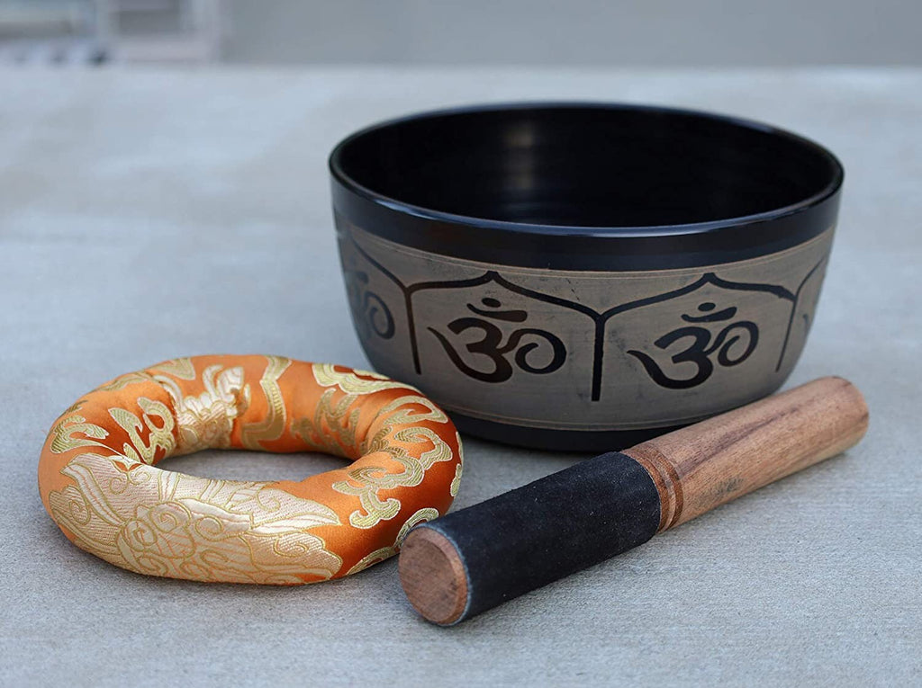 Large Tibetan Singing Bowl Set with Om Mantra for Peace | 7" & 8" Meditation Bowl with Suede Mallet & Cushion - DharmaObjects