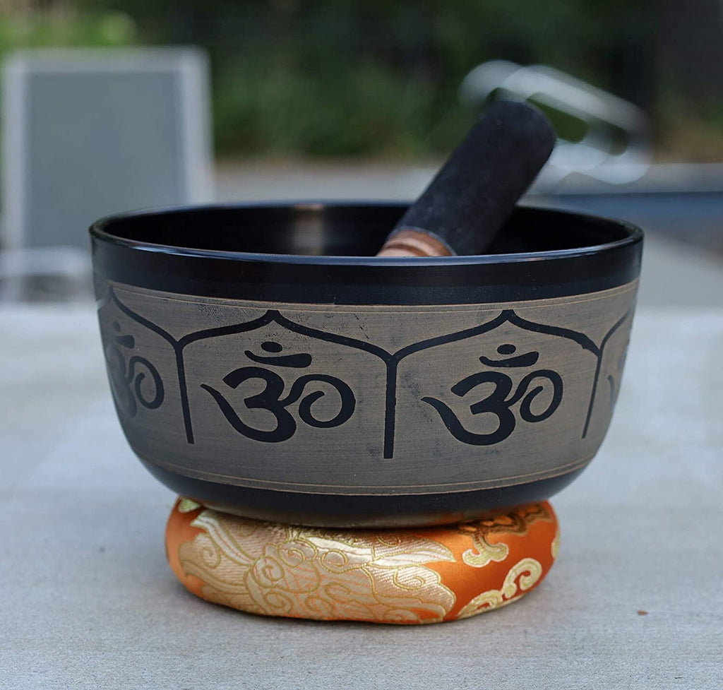 Large Tibetan Singing Bowl Set with Om Mantra for Peace | 7" & 8" Meditation Bowl with Suede Mallet & Cushion - DharmaObjects