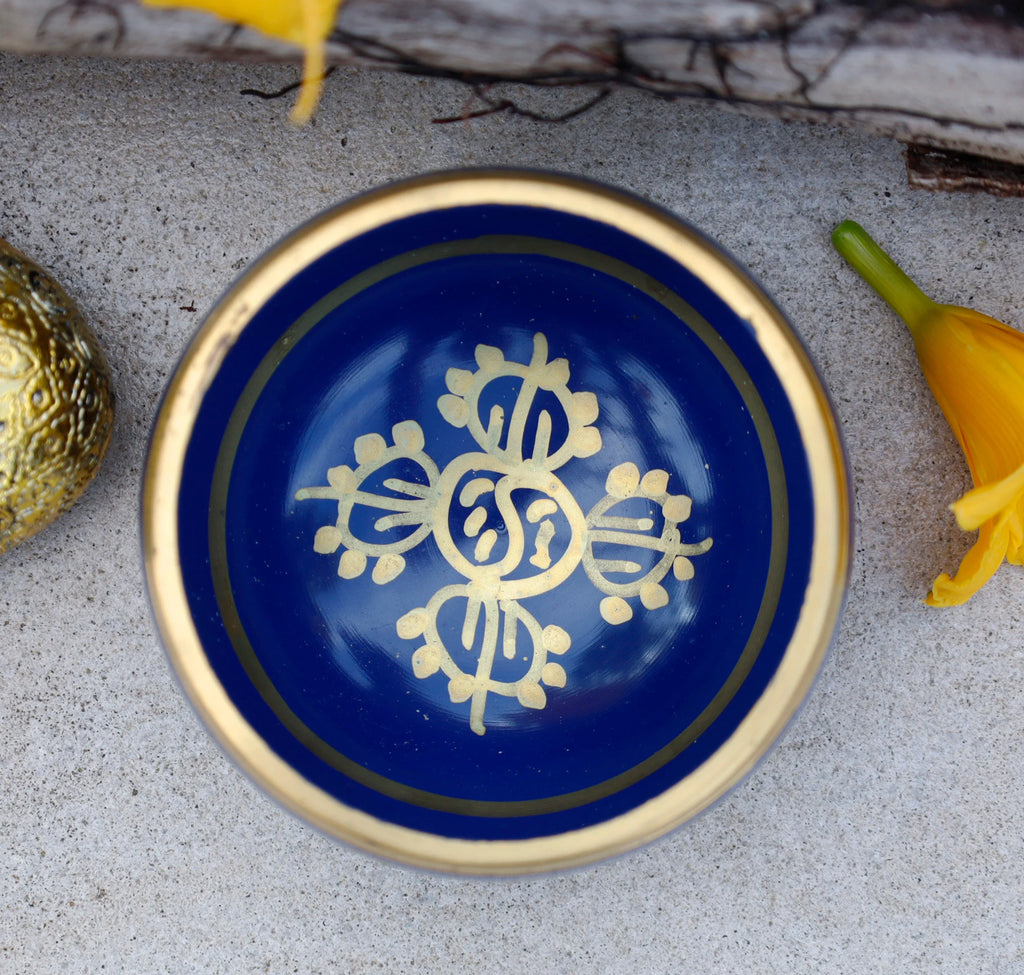 Tibetan Singing Bowl Set with Om Mani Padme Hum Mantra | 4 Inch Meditation Bowl with Rosewood Mallet & Cushion~ - DharmaObjects